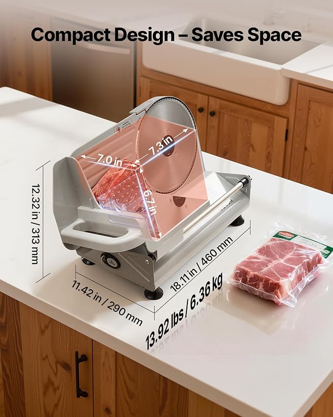 VEVOR Meat Slicer, 8.6 inch 200W Electric Deli Slicer Machine with two SUS420 Blade, 0-0.6 inch Adjustable Thickness, ETL Certified Home Food-Slicer for Meat, Ham, Baguett, Steak