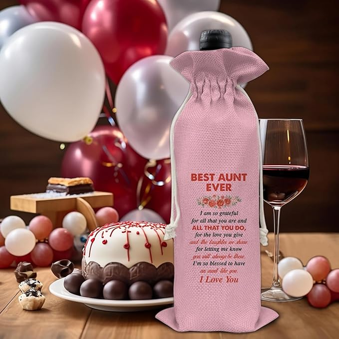 HOIJAUMAI Auntie Gift Best Auntie Ever Gift Best Auntie Wine Bag Best Auntie Ever Wine Gift Bags for Birthday Mother's Day (Pink)