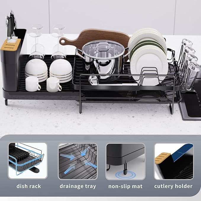 Runnatal Large Dish Drying Rack with Drainboard Set, Dish Rack, Extendable Dish Rack, Utensil Holder, Cup Holder, Expandable Dish Drainer for Kitchen Counter, 21.6"-30.3" L x 12.6" W