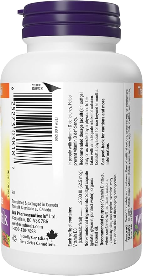 CONFETTIWOW Webber Naturals Vitamin D3 2,500 IU Extra Strength, 180 Softgels, for Healthy Bones, Teeth, and Helps Prevent Vitamin D Deficiency