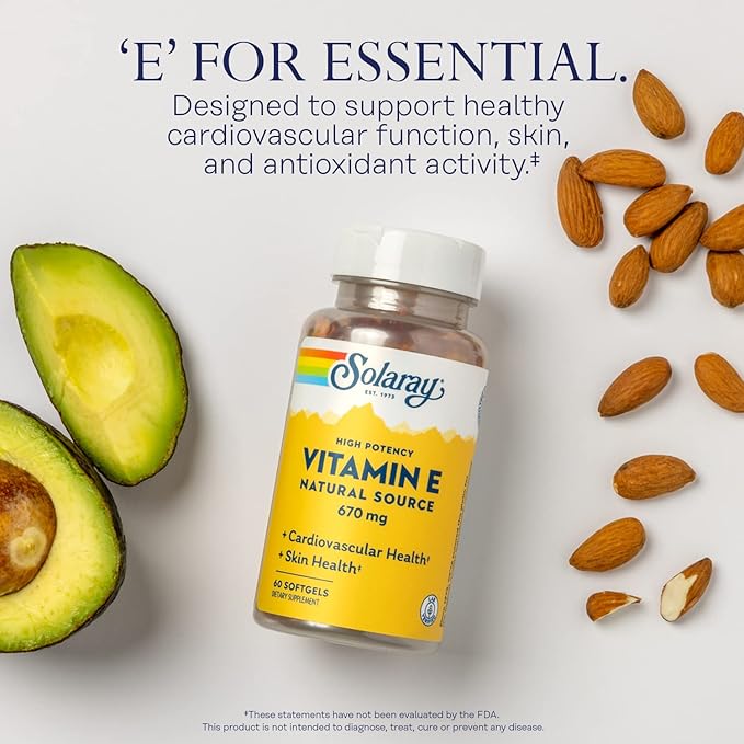 SOLARAY Vitamin E 1000 IU Softgel Capsules, 670 mg - d Alpha Tocopherol Vitamin E Supplements - Skin Health, Heart Function and Antioxidant Support - 60-Day Guarantee - 60 Servings, 60 Softgels