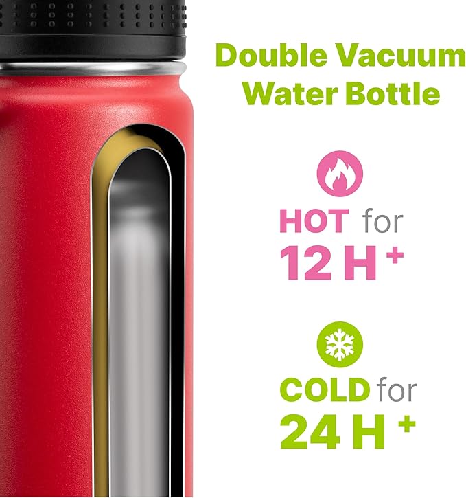Kids Water Bottle for School 16 oz Stainless Steel Double Wall Vacuum Insulated Sports Water Bottle Leak Proof-Reusable Metal Flask with Silicone Boot for Christmas, BPA-Free(Canyon Red)