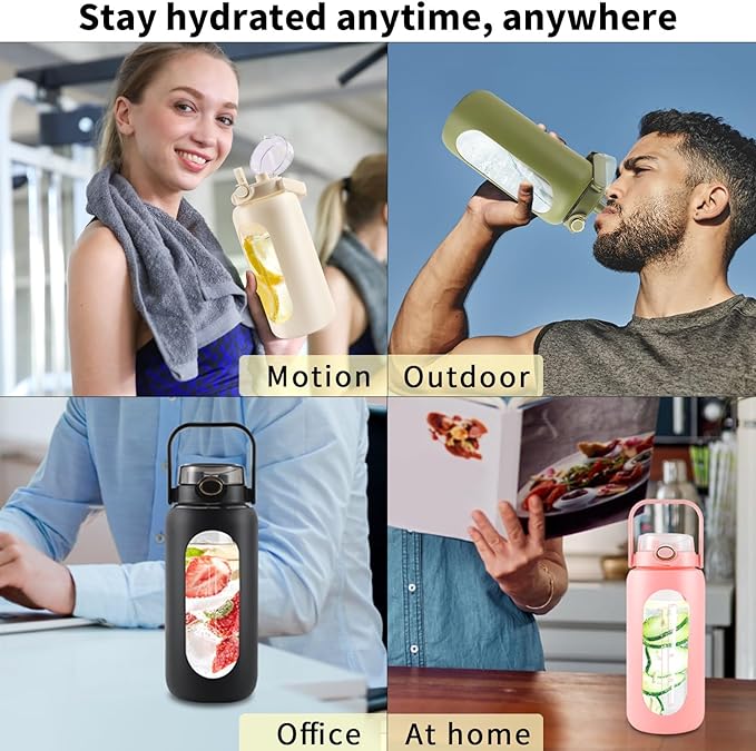 64oz Glass Water Bottle with Straw and Handle - Half Gallon Motivational Water Jug with Time Marker and Silicone Sleeve, Leak proof Wide Mouth Water Flask for Gym, Sports, and Daily Use (Green)