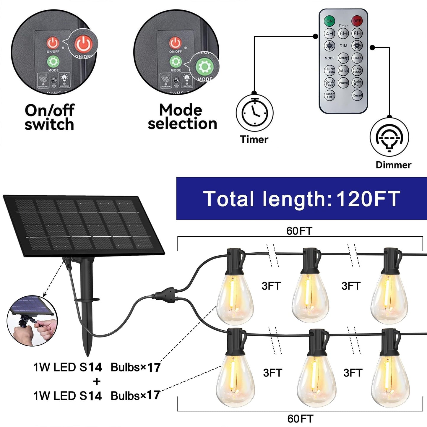 Stright Solar String Lights 120FT 34 Sockets S14 LED Warm White Weatherproof Model S218C-6V