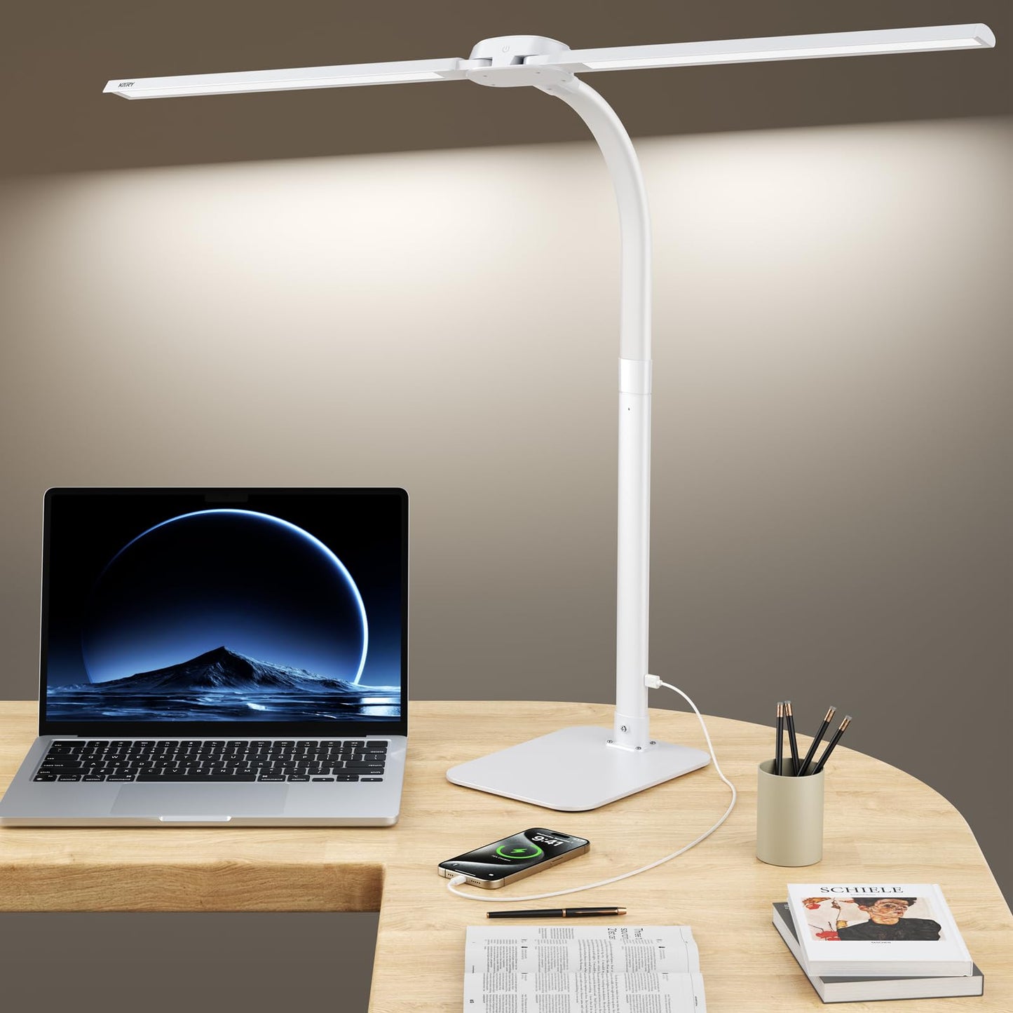 Kary Desk Lamp - 24W Led With Usb Charging, Adjustable Gooseneck, 5 Color Modes, White, Model Kx02D