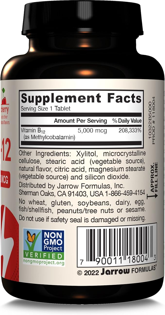 Jarrow Formulas Vitamin B12 5000 mcg - Maximum Strength for Cellular Energy and Brain Health, 60 Cherry Chewable Tablets, B12 Vitamins 5000 mcg