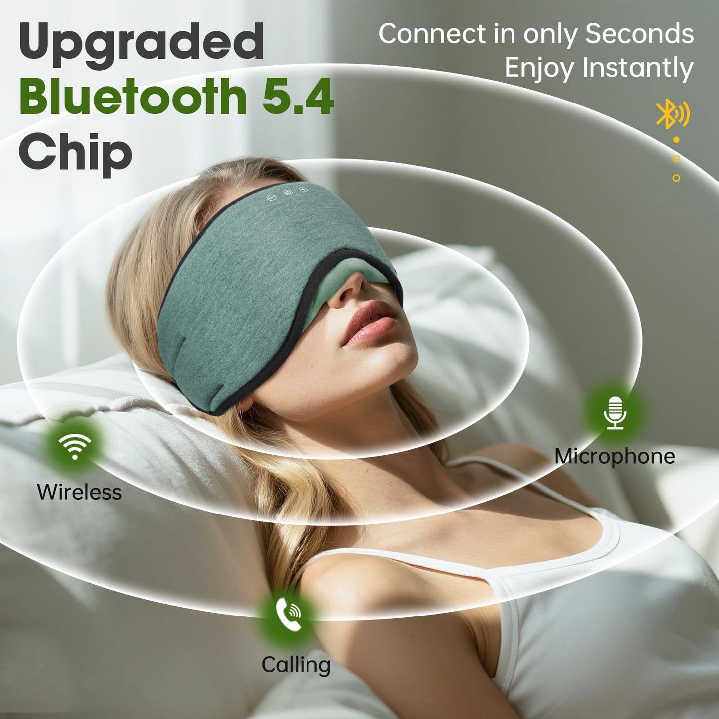 ZHENYEMEI Sleep Headphones with Bluetooth 5.4 Sleep Mask, Bamboo Cotton Music Wireless Bluetooth Eye Mask for Sleeping, Earphones HD Speaker Microphone for Travel, Gifts for Men Women, Green