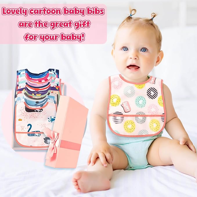 26Pcs Baby Feeding Bibs with Crumb Catcher Pocket Waterproof Sleeveless Teething Plastic Food Bib Set Adjustable Toddler Infant Keepsake Gift for Baby Shower, 6-24 Months