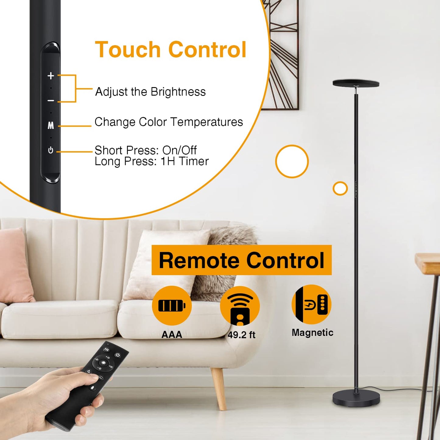 OUTON LED Floor Lamp, 30W/3000LM, Dimmable, 4 Color Temperatures, Remote Control, Black