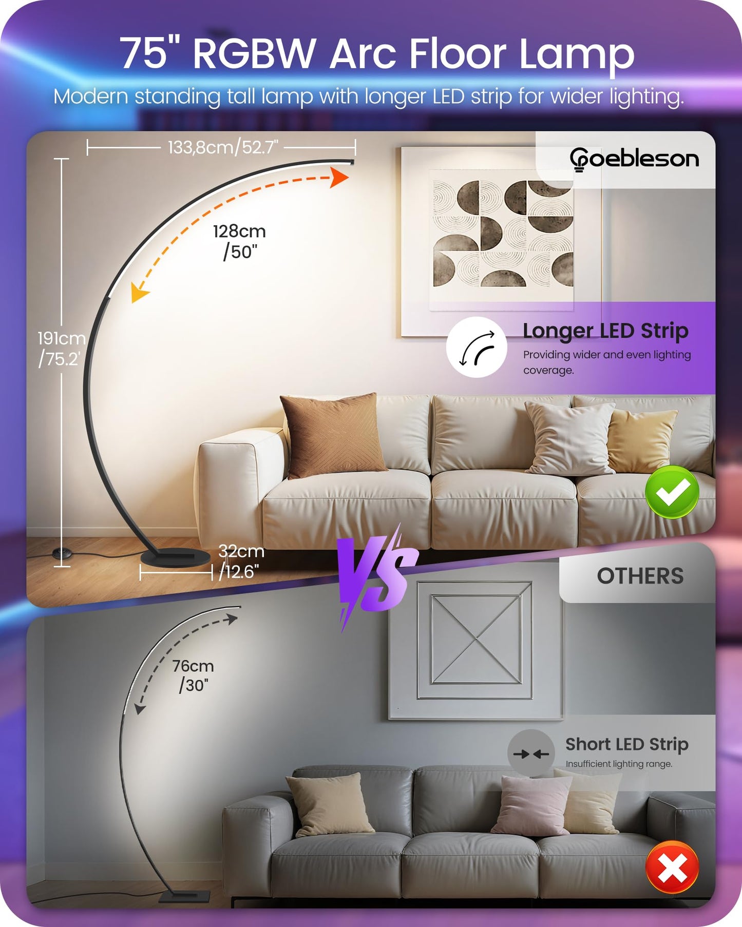 GOEBLESON RGBW Floor Lamp, Dimmable 75” Arc Lamp with Remote, 18 Colors, Metal, Model RB62LD05