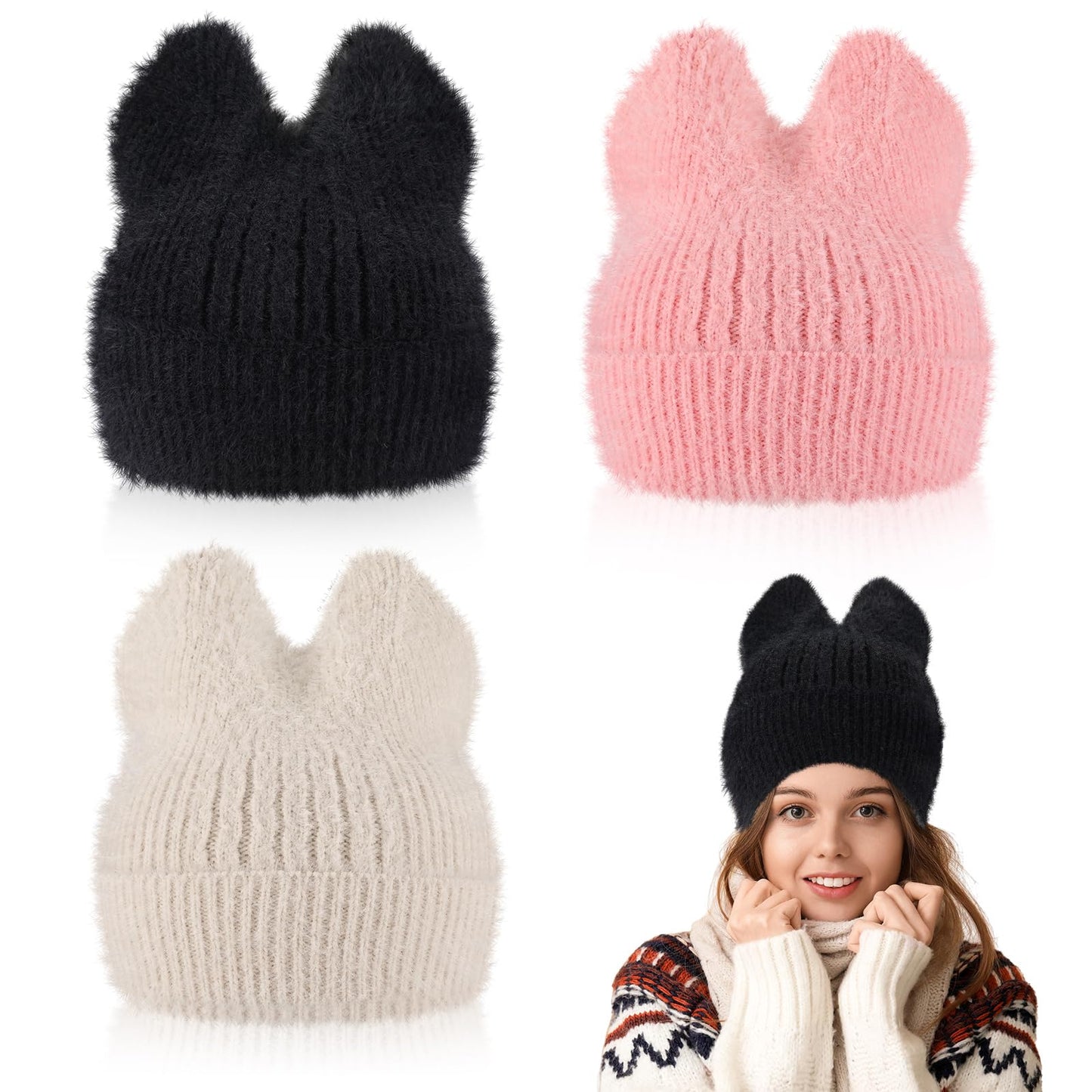 Silicherry 3 Pcs Winter Cat Ear Knitted Beanie Hats for Women Men Ladies Soft Warm Lazy Slouchy Hat Accessories(Black,Pink,White)