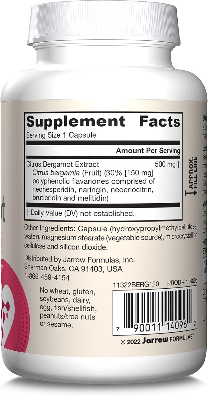 Jarrow Formulas Citrus Bergamot 500 mg - 120 Servings (Veggie Caps) - Antioxidant Support for Cardiovascular & Metabolic Health - Dietary Supplement - Gluten Free - Use with Jarrow Formulas QH-absorb