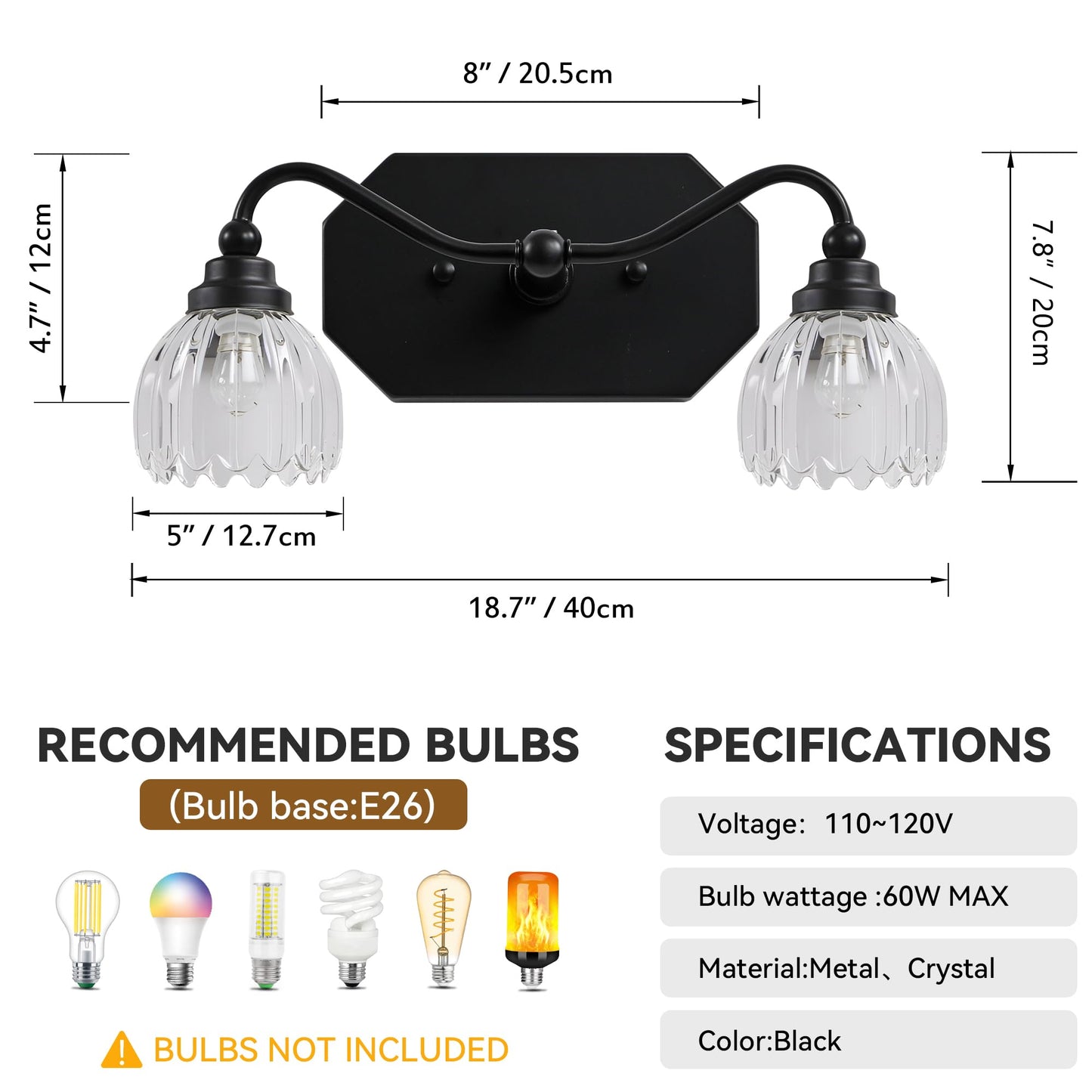 CmnVmn Vintage Bathroom Light Fixtures, 2 Light Bathroom Vanity Light, Black Matte Antique Brass Finish with Crystal Glass Shade, Mid Century Wall Sconces for Bedroom, Living Room, Hallway
