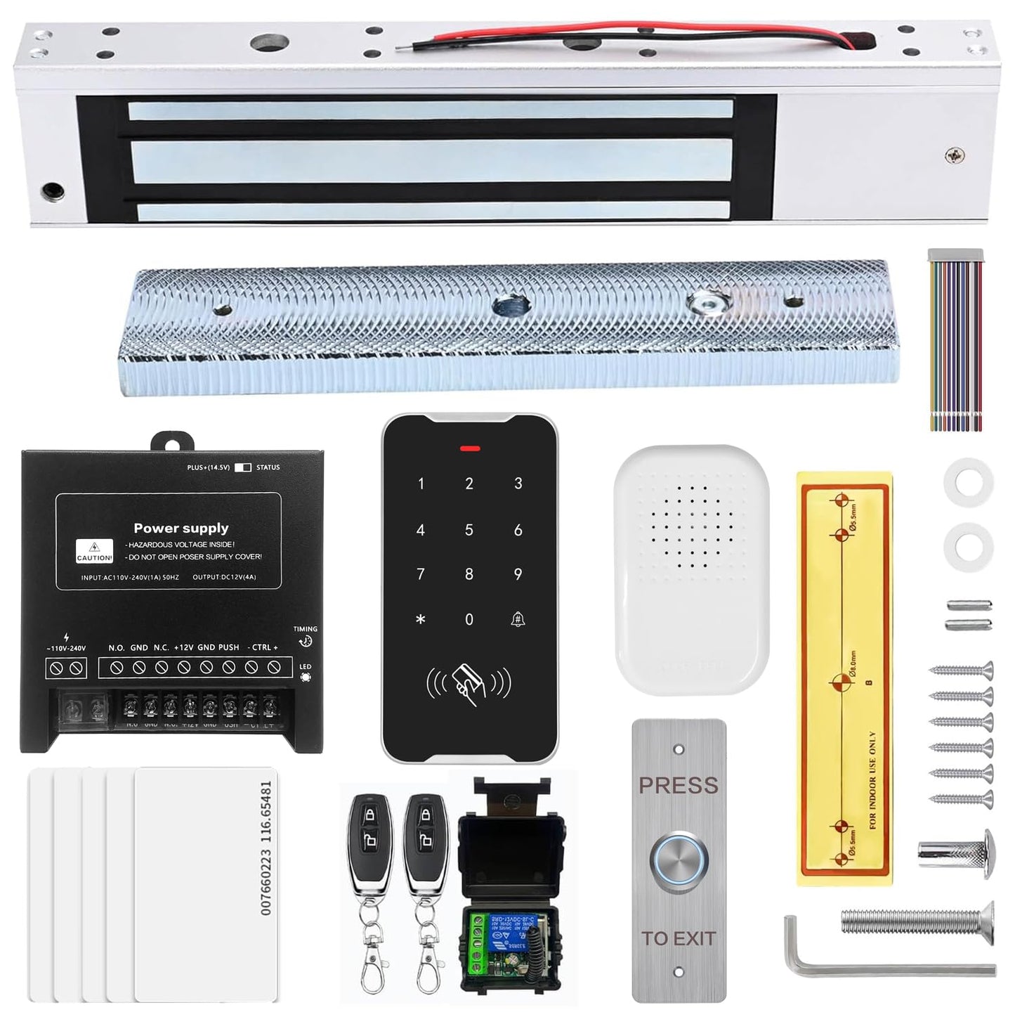 Door Access Control System Kit Set with 280kg/600lbs Electric Magnetic Lock, RFID Keypad, Two Remotes,DC12V/5A Power Supply,Stainless Steel Push to Exit Button， 5pcs RFID EM ID Card (C60-Kits)