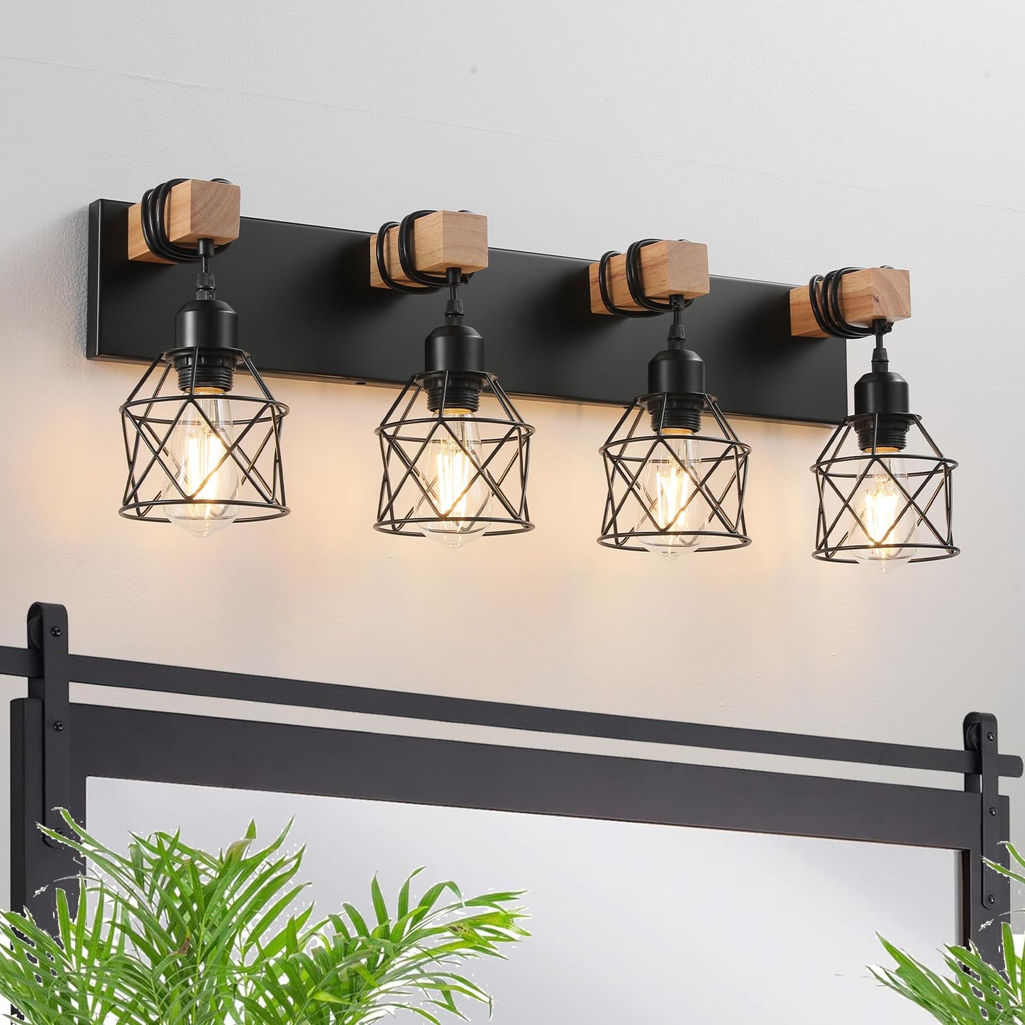 Farmhouse Vanity Light Fixture 4-Light Bathroom Lighting Black Industrial Wood Wall Light Over Mirror With Metal Shade Led Bulbs Not Included