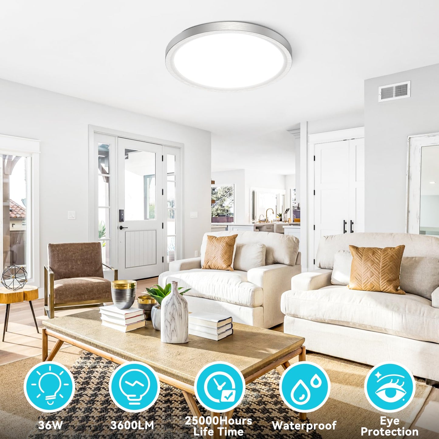 libtit 16Inch LED Ceiling Light Fixture, 3000K/4000K/6500K, Brushed Nickel, 36W, 3600lm, 4 Pack