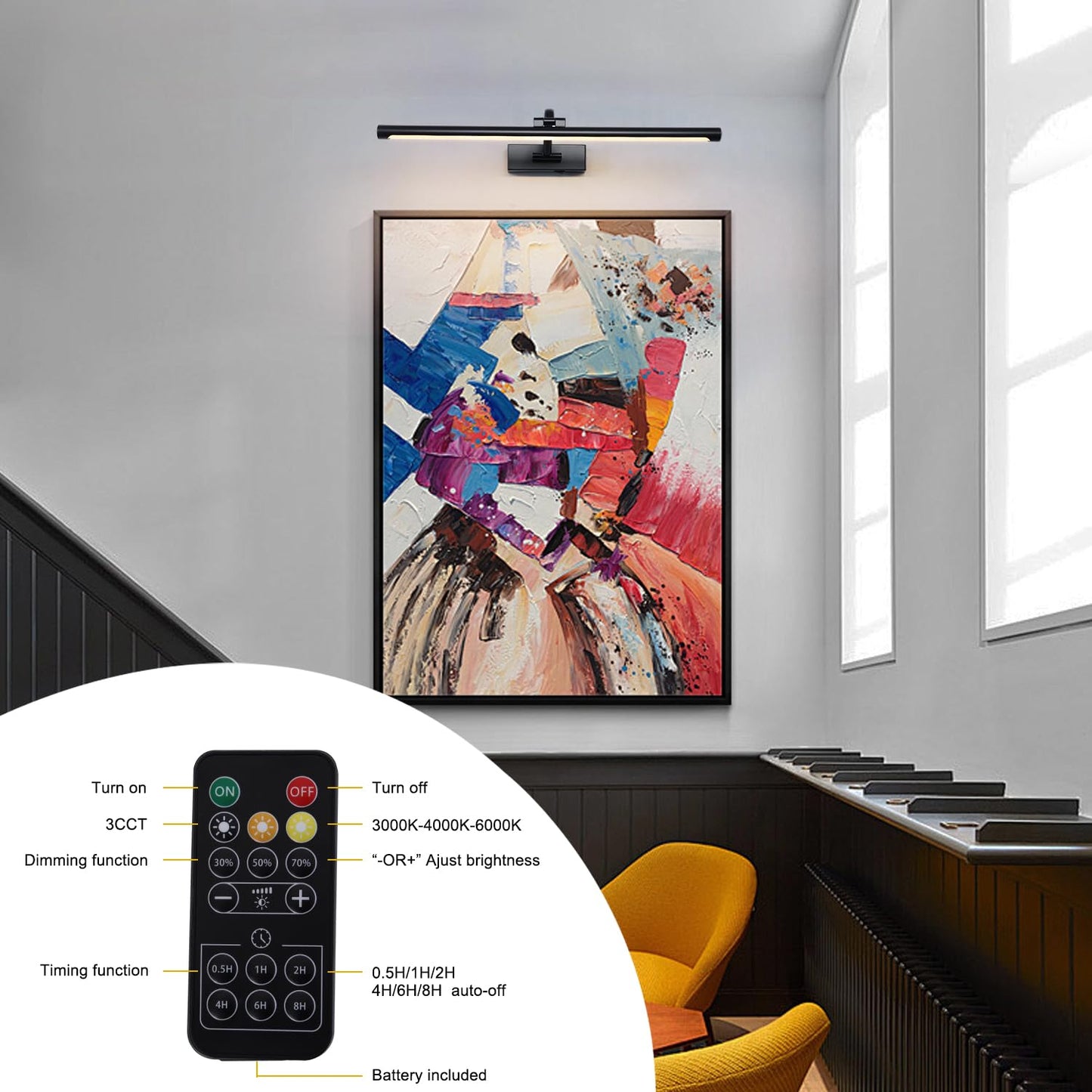 yumcrelect 23.6 Inch Battery Operated Picture Lights for Wall Rechargeable Art Lighting for Paintings Wireless Gallery Lights with Remote Control and Dimmable Timed Off Black Wall Lights