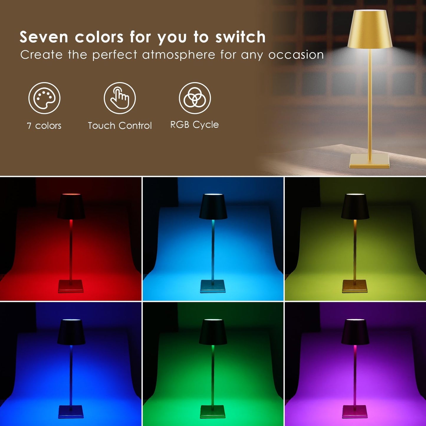 Aoceley 2-Pack LED Cordless Table Lamp - RGB Stepless Dimming, 3W, Rechargeable, Gold, Model HT-010