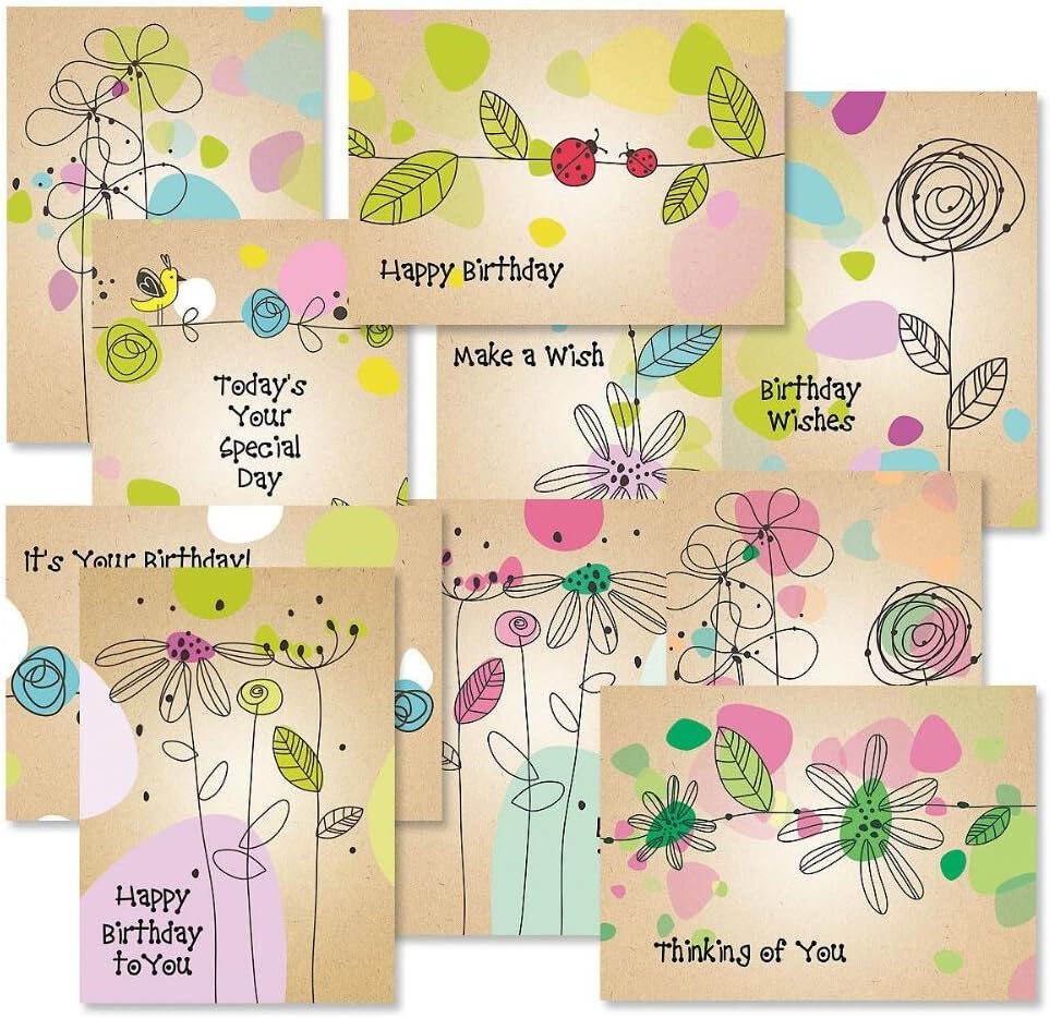 Current Kraft Blossoms Happy Birthday Greeting Card Set - Value Pack of 20 Cards With White Envelopes, 10 Designs, Large 5" x 7" Assortment