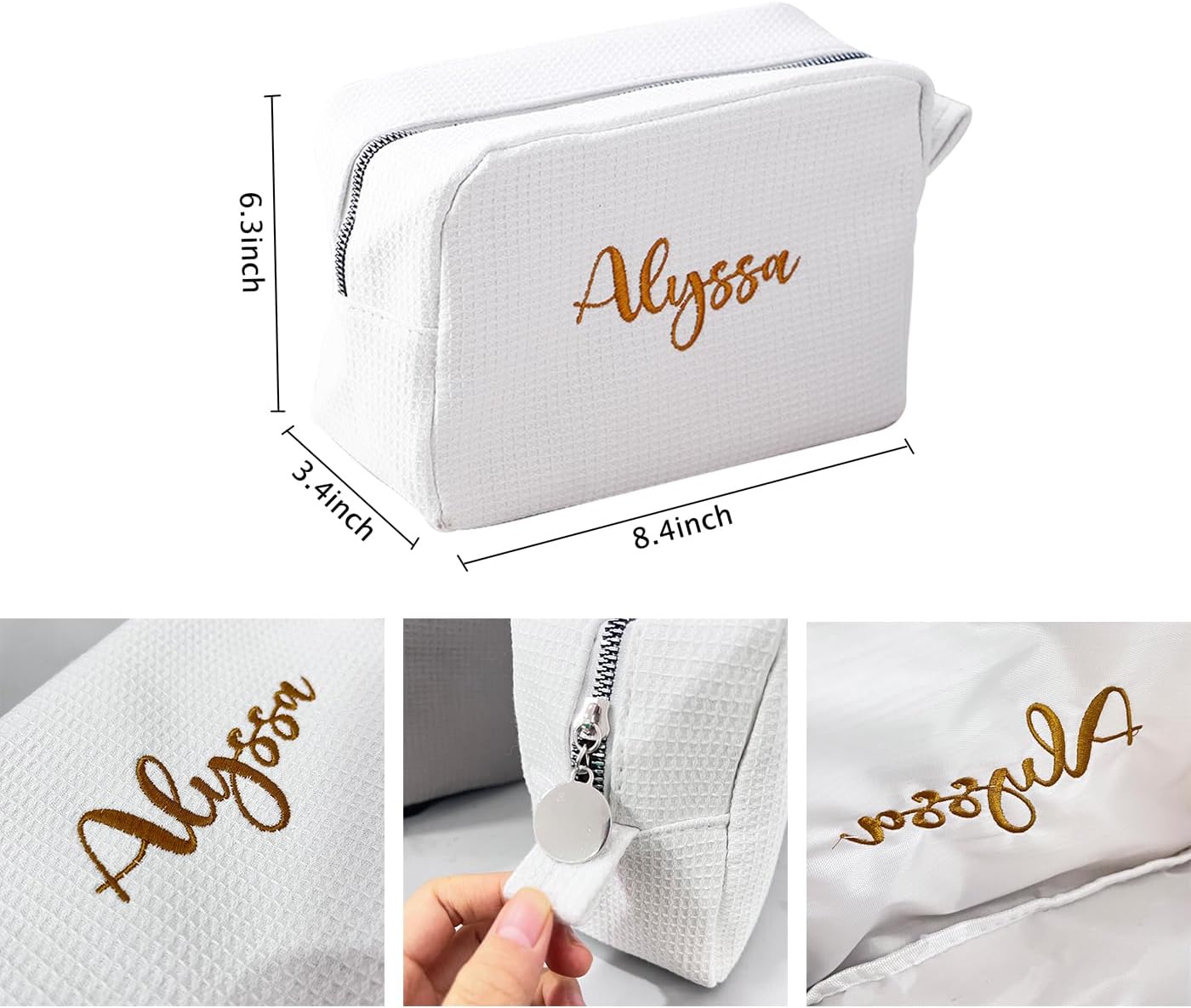 GOPHIE Personalized Embroidered Makeup Bag,Custom Waffle Fabric Cosmetic Pouch for Women, Travel Makeup Pouch (1, White)