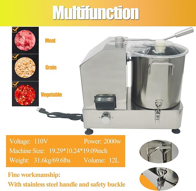 Food Processor Electric Vegetable Chopper Meat Grinder 12L Stainless Steel Vegetable Blender Meat Cutter Adjustable Speed Commercial Food Chopper 110V