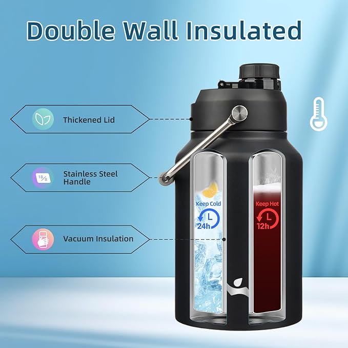 Half Gallon Jug with Handle,64 oz Insulated Water Bottle with Carrying Pouch,Double Wall Vacuum Stainless Steel Metal Bottle,Black