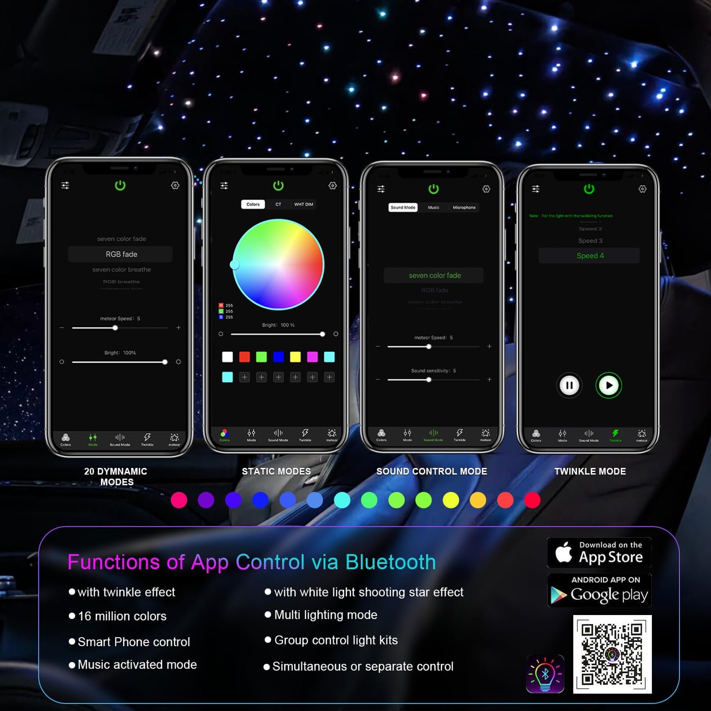 WEBUPAR Fiber Optic Star Lights Kit, 300pcs, 6W, 9.8ft, RGBW Colors, Sound-Activated, Model QJ-L006, Multi-color