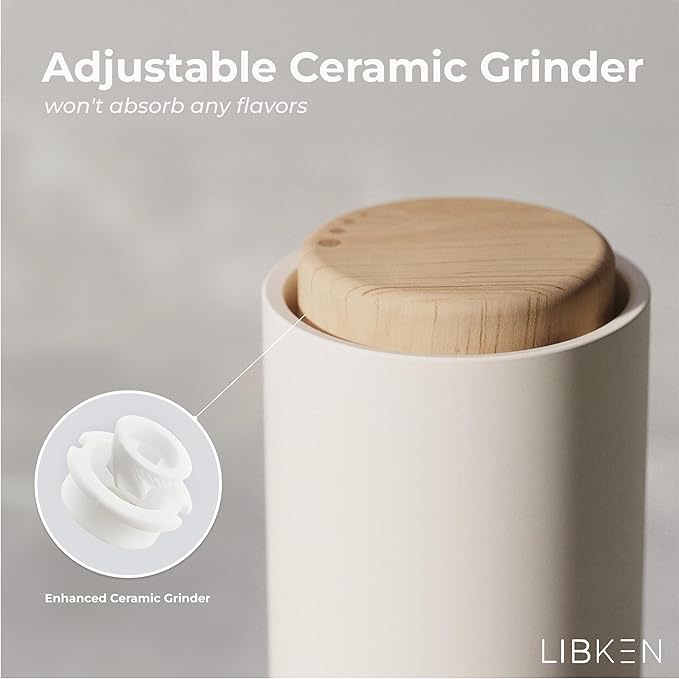 Non-Spill Salt and Pepper Grinder Set - Adjustable Ceramic Grinder - Minimalistic Spice Mill - Easy to Refill Condiments Dispenser - Wood & Soft-Coated Plastic - 6.2 x 2.2 inch (White & Grey)
