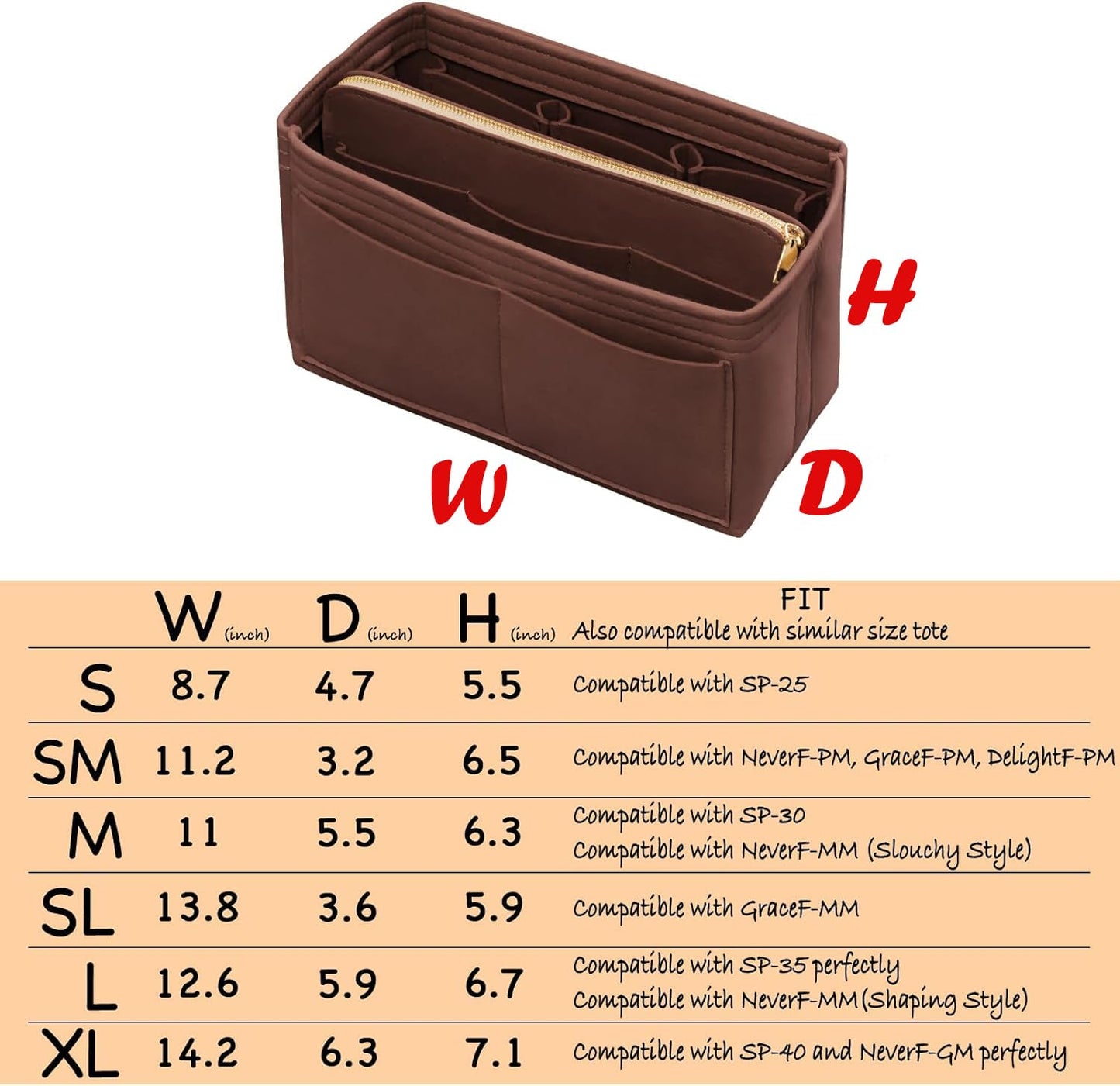 DailyPlus Felt Bag Organizer Insert with Zipper and Key Chain for Tote Purse - Brown Small
