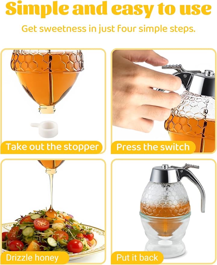 8-Ounce Drip Free Glass Honey Jar, Dispenser, Equipped With a Spoon, Stand,And Honeycomb Decoration Suitable for Maple Syrup, Honeycomb Syrup Server and Bee-themed Storage Tank