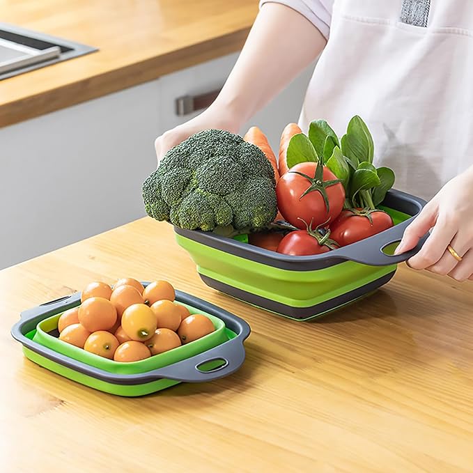 Square Collapsible Colander Set,Save Storage Space Collapsible Colander Strainer with Handle,for Kitchen and Travel Use (Red)