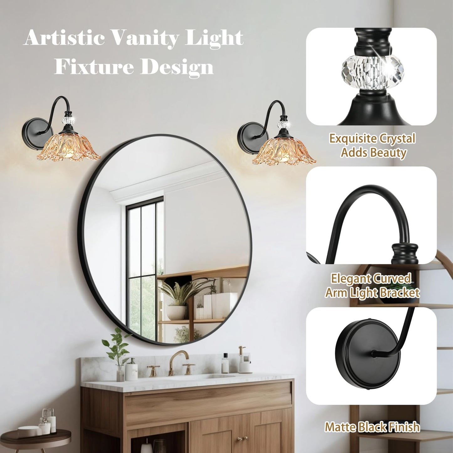 Sunkryster Black Wall Sconces With Floral Amber Glass Shades  Black Farmhouse Wall Mount Lighting For Bathroom Vintage Bathroom Vanity Light Fixtures