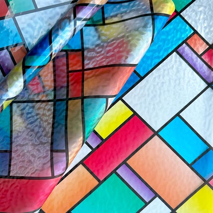 Window Film Privacy Classy Colorful Glazed Tiles Stained Glass Sliding Door Coverings Static Cling Frosted Church Tints Cover Contact Paper Non-Adhesive Heat Control Anti UV Reusble,35x78.7in.
