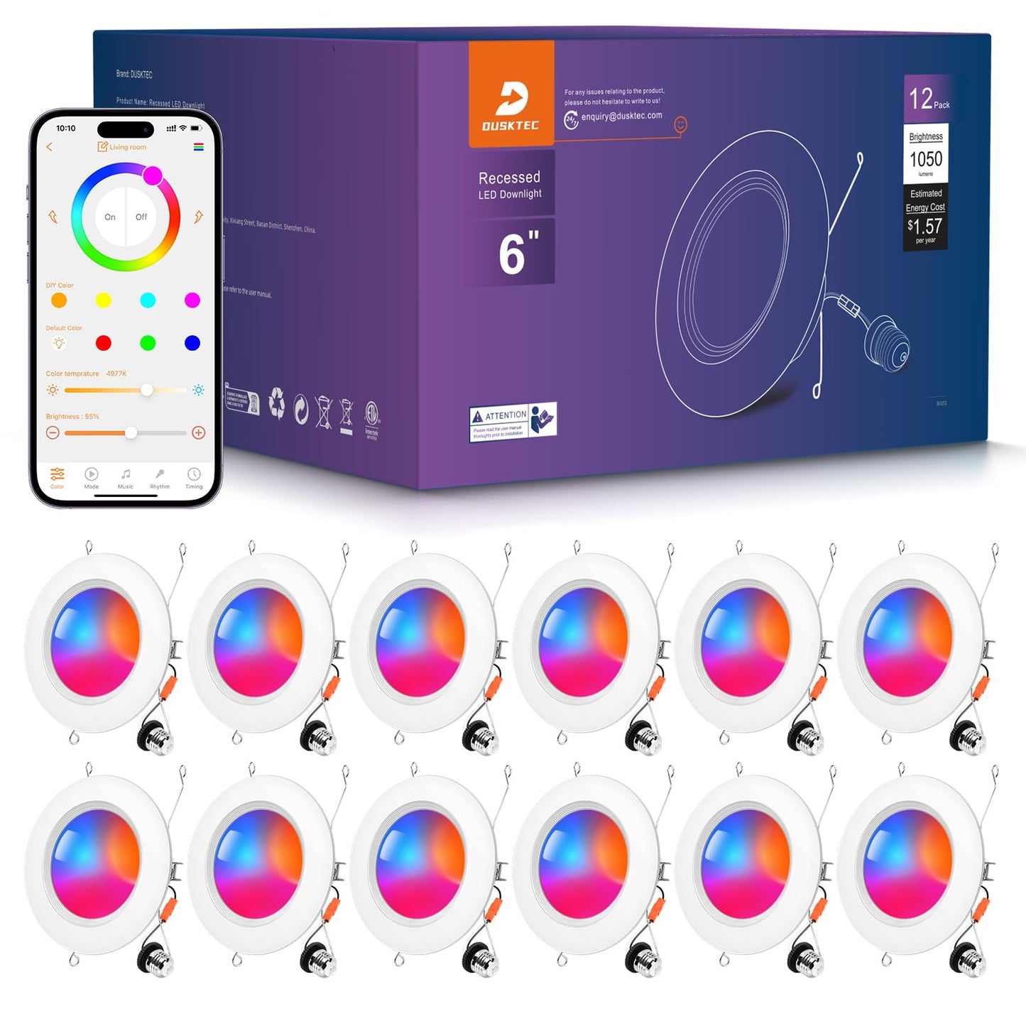 DUSKTEC Smart Recessed Lighting 6 Inch - RGBCW Color Changing LED 13W Can Light Retrofit Recessed Lights 1050 Lumen Dimmable Rec
