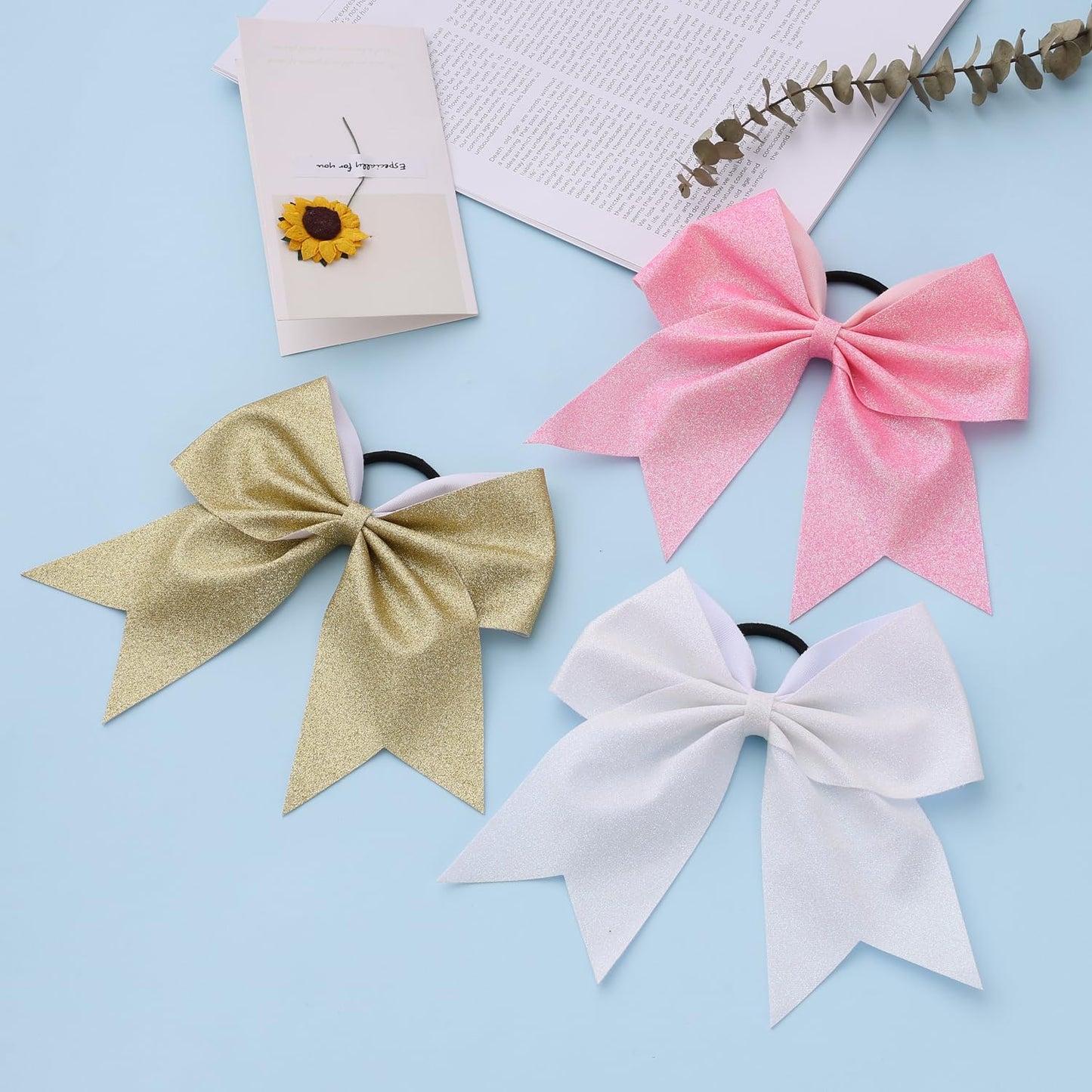 16 PCS Large Glitter White Cheer Hair Bows, Shiny Cheerleading Bows Ponytail Holder for Cheerleader Girls Softball Sports and Ch