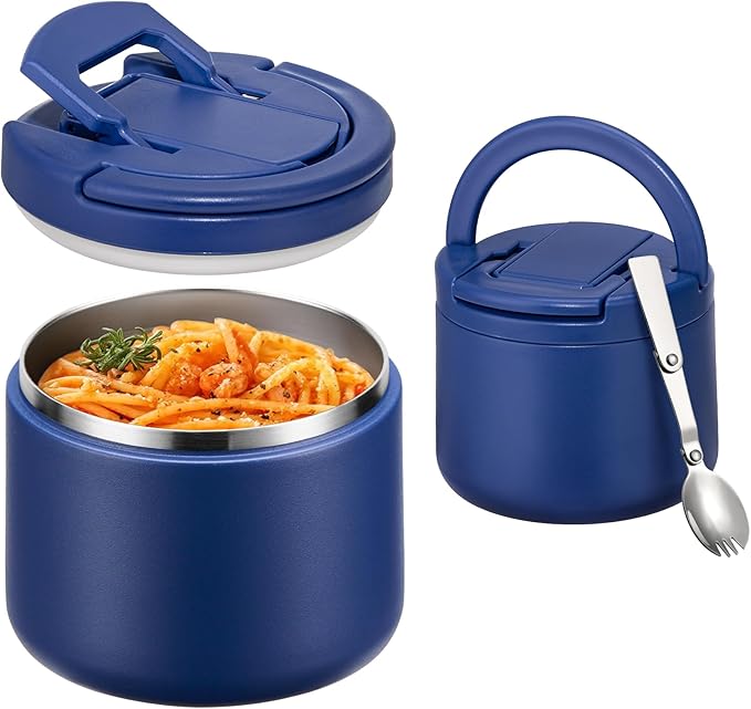 Soup Thermo for Hot Food Kids 14oz Lunch Containers with Buckle Lid Wide Mouth Hot Food Jar Vacuum Insulated Stainless Steel Bento Box Leakproof with Spoon(Blue)