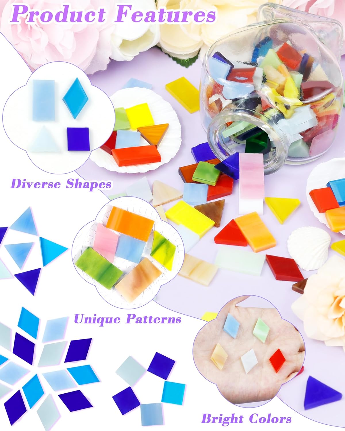 FIVEIZERO 260g Glass Mosaic Tiles for Crafts - 300 Pieces Tiny Mosaic Tile Kit, Irregular Pieces for DIY Craft Jewelry, Coaster Art & Mosaic Kits (Black&White)