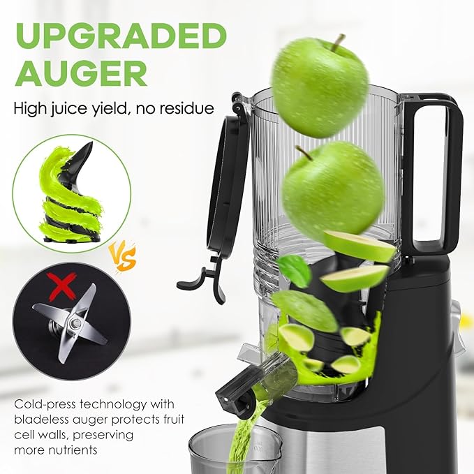 Cold Press Juicer, 5.8" Wide Feed Chute Juice Extractor Machine with 400W, High Juice Yield, Slow Masticating Juicer for Whole Vegetables & Fruits, Gray-Stainless Steel
