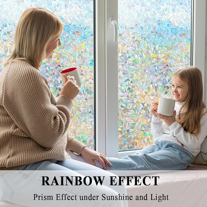 3D Prism Window Film,Transparent Decorative Glass Film Window Door Tint,Rainbow Effect Static Cling Heat Control Anti UV for Kitchen,Dining Room,Bedroom,Living Room,23.6 inches by 118 inches