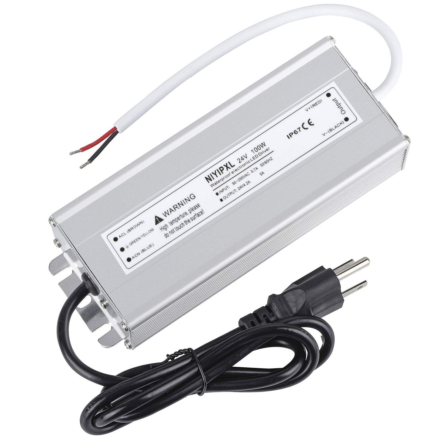 NIYIPXL LED Driver 100 Watts 24V DC Waterproof Power Supply, Silver, 3-Prong Plug, 3.3 Feet Cable, Model f275f988-672d-