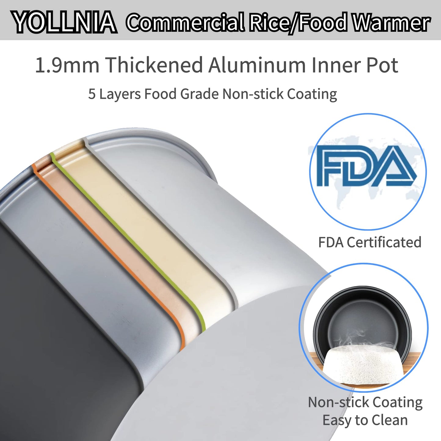 YOLLNIA 55 Raw/110 Cup Commercial Rice Warmer(Not Rice Cooker) Portable 18.1QT Big Rice Warmer / 122℉- 178℉ Adjustable Temperature/ 130W/ Non-Stick Inner Pot