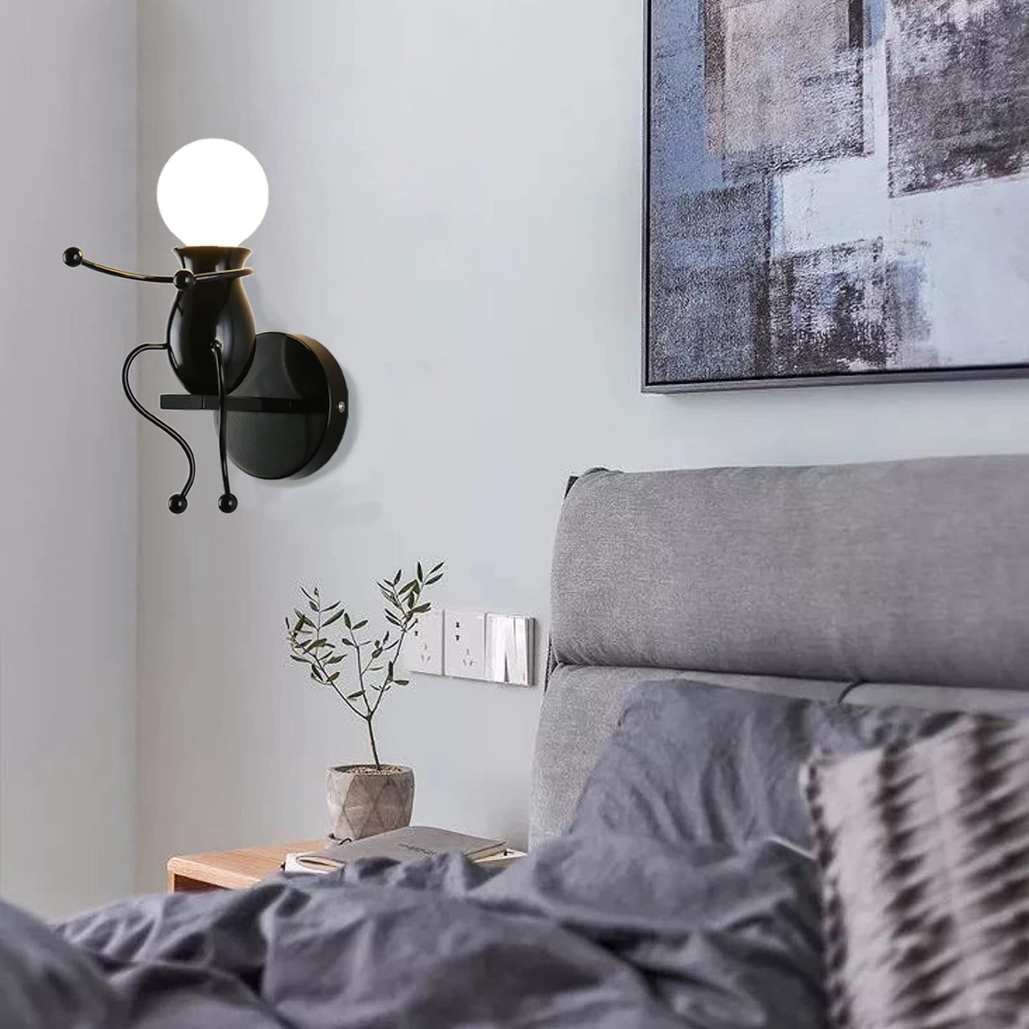 Southpo Led Doll Wall Light Fixtures Childhood Little People Wall Lamps Bedroom Mini Bedside Lamp Modern Children Cartoon Wall Sconces Gift Creative Decor Lighting Indoor 1?E26 Baking discomfort-reducingt (Black)