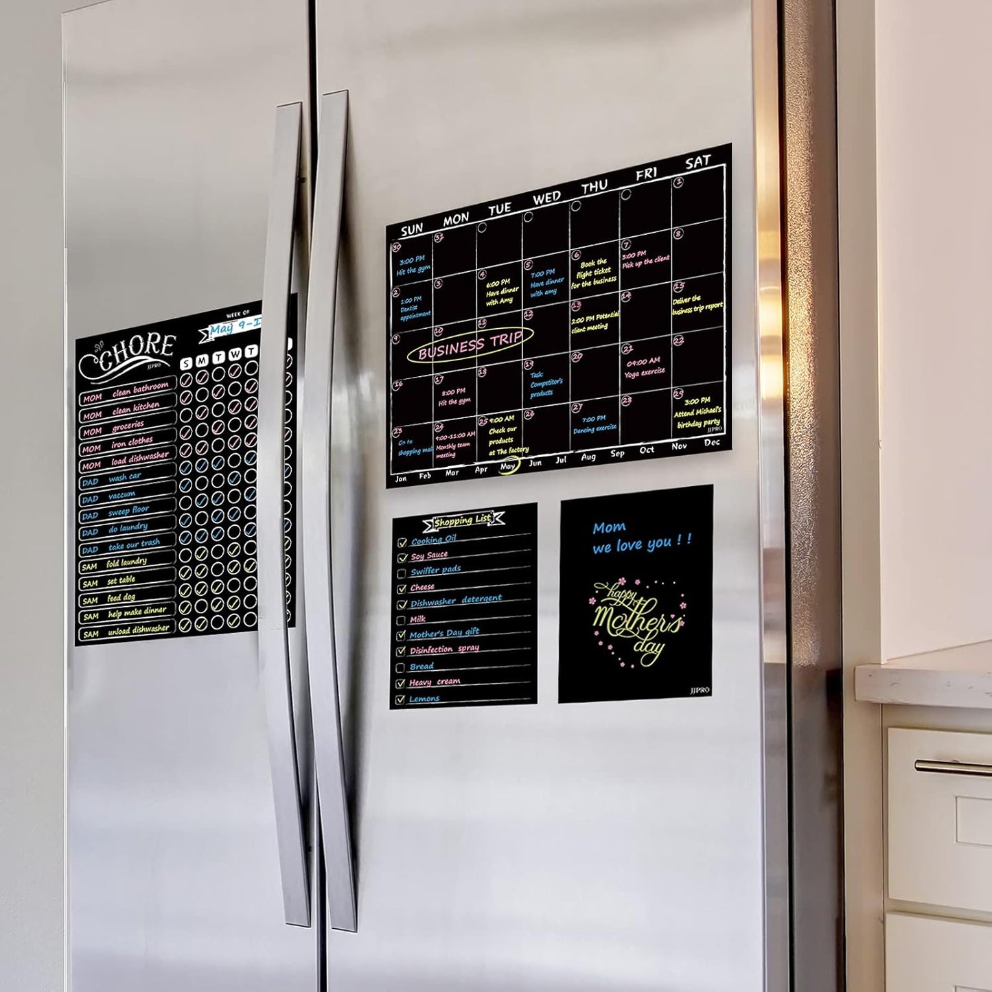 Magnetic Chalkboard Monthly Calendar - Reward Chore Chart Blackboard Combo Set with Neon Bright Liquid Chalk Markers - Bonus Grocery List and Notepad Blackboard for Refrigerator Included
