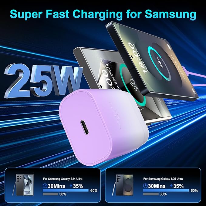 Super Fast Charger Type C, 25W USB C Wall Charger Fast Charging for Samsung Galaxy S25 Ultra/S25/S25+/S24+/S24 Ultra/S24/S24+/S23 Ultra/S22 Ultra/S21 Ultra with 10FT Long Type C Charger Cable 2Pack