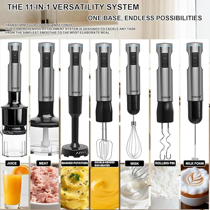 Handheld Immersion Blender, 1000W Powerful 11-in-1 Set for Smoothies,Orange Juicer, Egg Beater, Dough Hook, Vegetable Chopper, Potato Masher