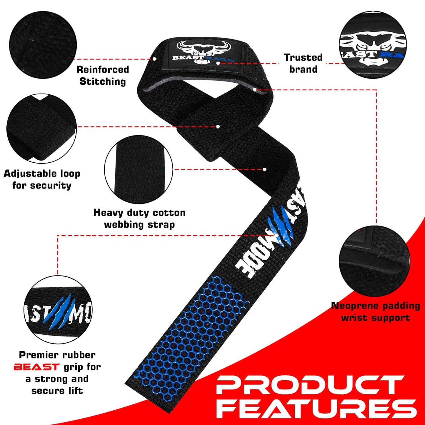 BEAST RAGE Lifting Wrist Straps for Weightlifting, Straps Gym Grip Power Workouts Lifting Straps Padded Cotton Men Women Wrap Lift, Deadlift Bodybuilding Weight Lifting Exercise Straps (Blue Silicone)