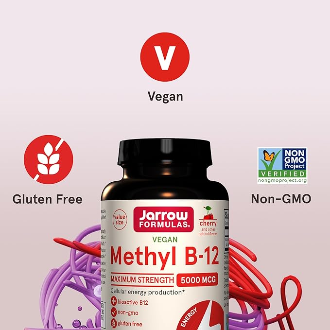 Jarrow Formulas Vitamin B12 5000 mcg - Maximum Strength for Cellular Energy and Brain Health, 90 Cherry Chewable Tablets, B12 Vitamins 5000 mcg