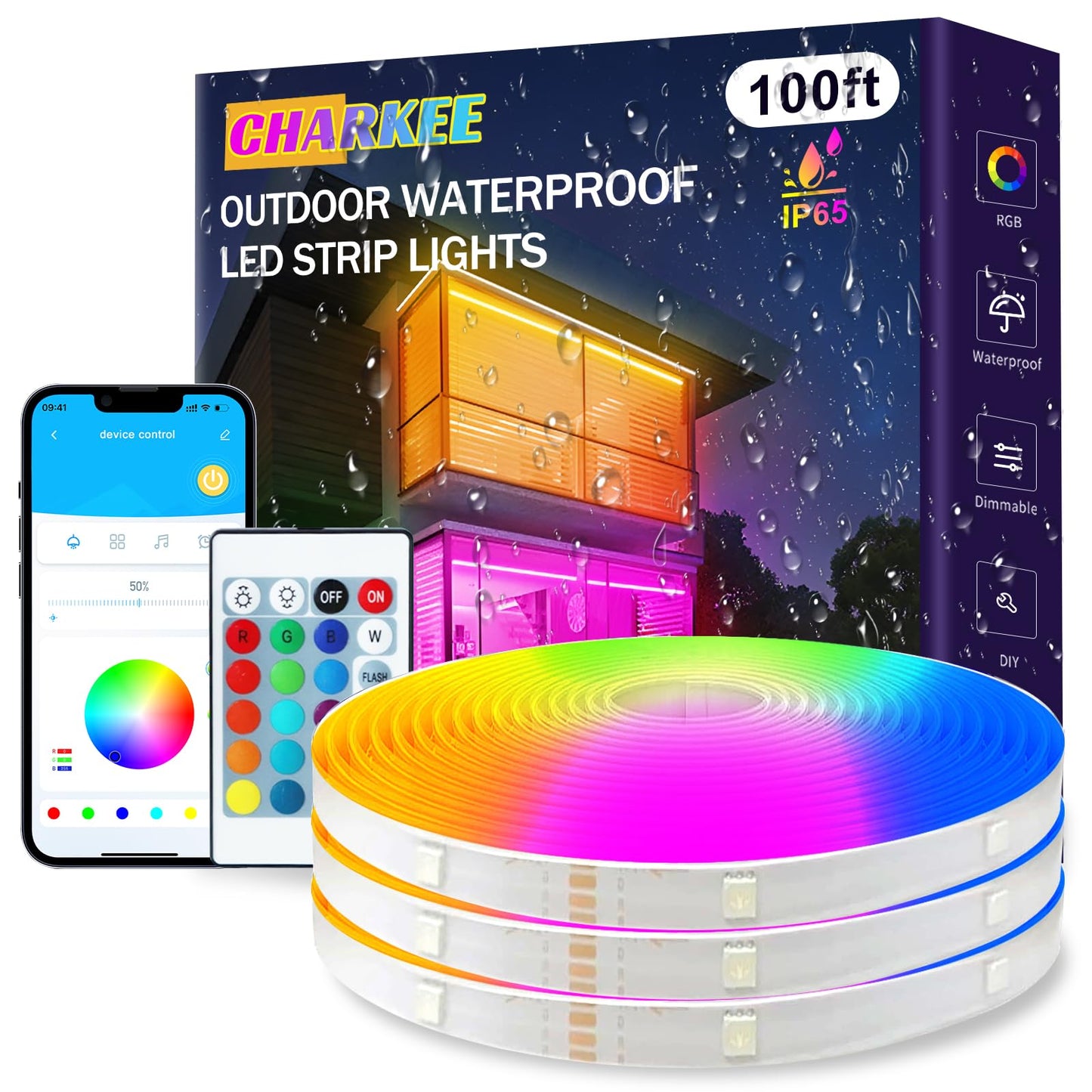 CHARKEE 100ft Bluetooth LED Strip Lights, IP65 Waterproof, RGB Color Changing, Remote Control, Multicolor, Model CH55NW3100B