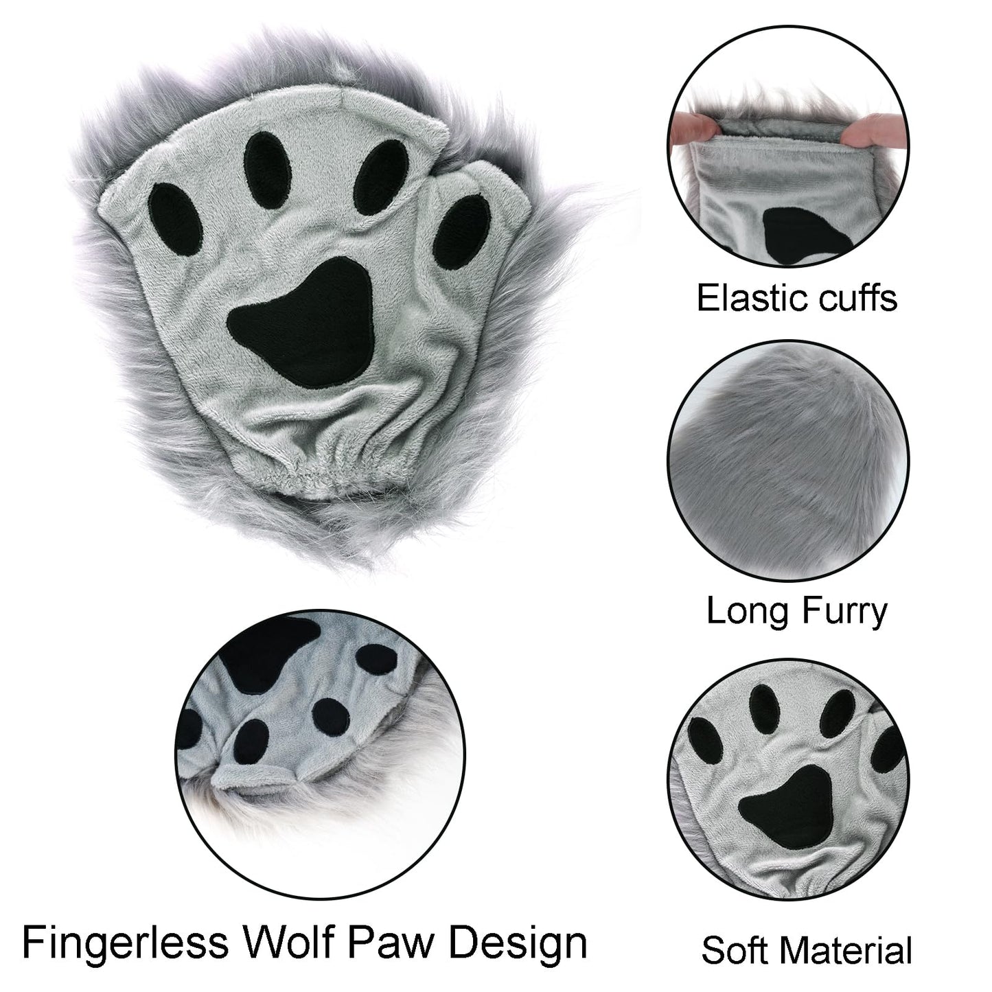 Jmkcoz Wolf Paw Gloves Faux Fur Plush Fingerless Fox Cat Gloves Animal Cosplay Halloween Fancy Party Costume Accessories