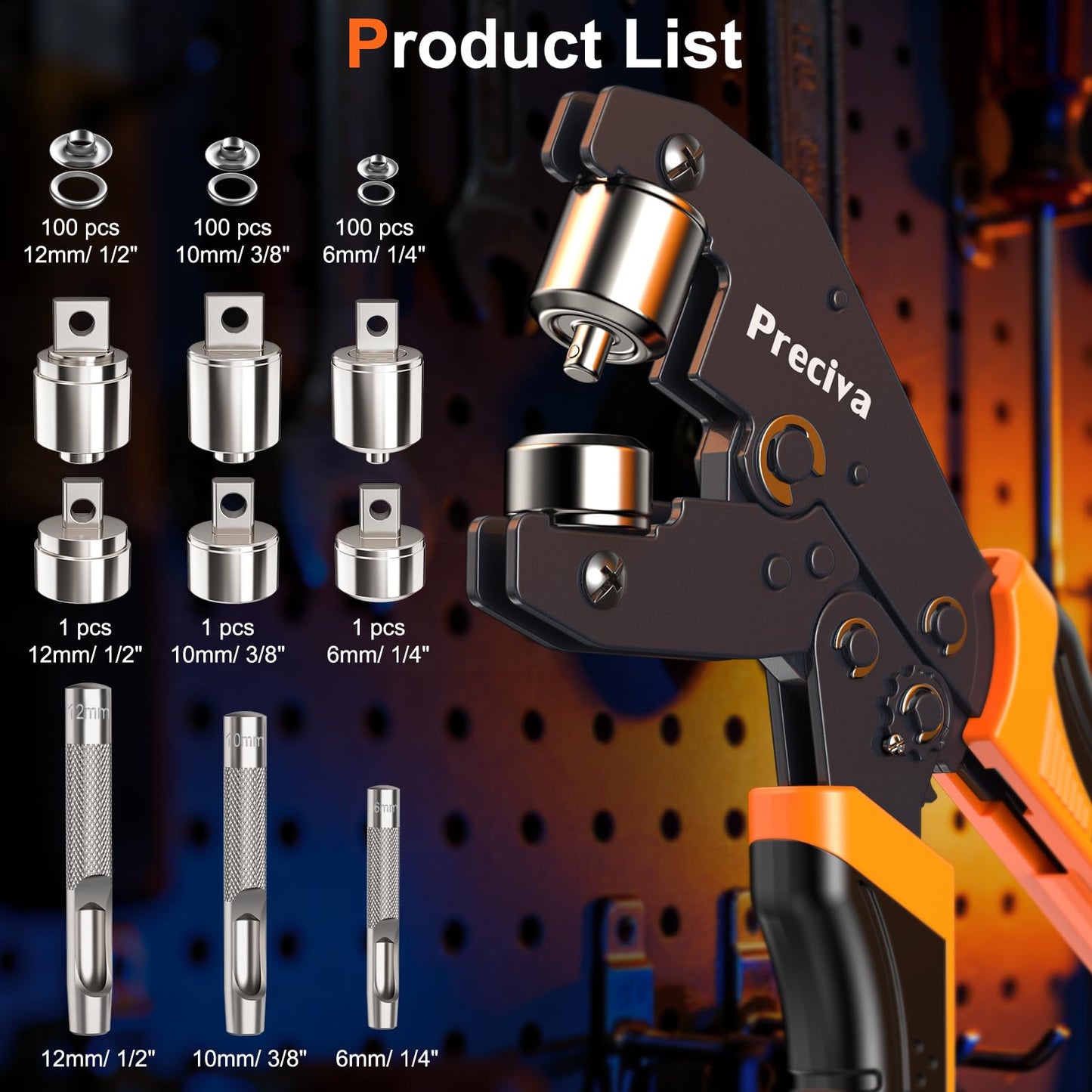 Preciva 3-Size Grommet Tool Kit - 1/2" 1/4" 3/8" Hole Punch & Eyelet Setting Tool with 300Pcs Grommets | Handheld Eyelet Plier for Tarps, Tents, Canvas, Vinyl & Leather Crafting